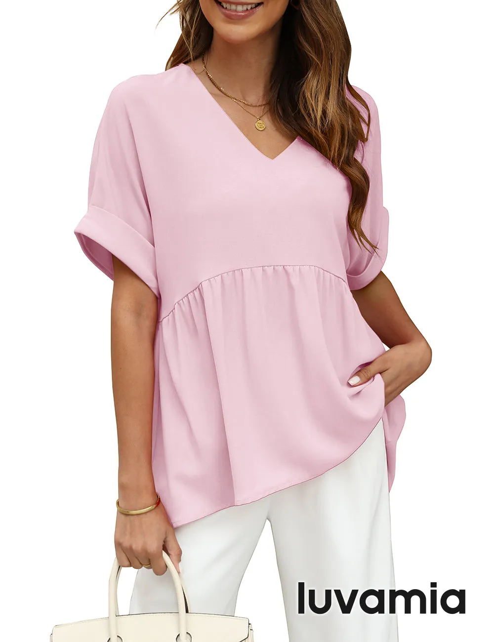 luvamia Blouses for Women Dressy Casual Babydoll Flowy Tops V Neck Tunic Tops Loose Fit Batwing Sleeves Summer