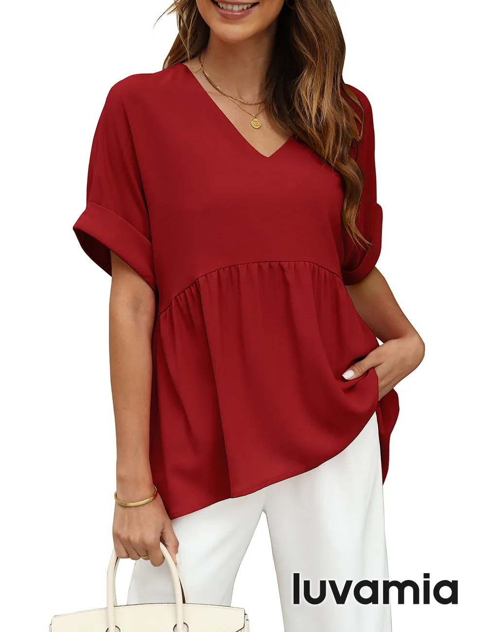 luvamia Blouses for Women Dressy Casual Babydoll Flowy Tops V Neck Tunic Tops Loose Fit Batwing Sleeves Summer