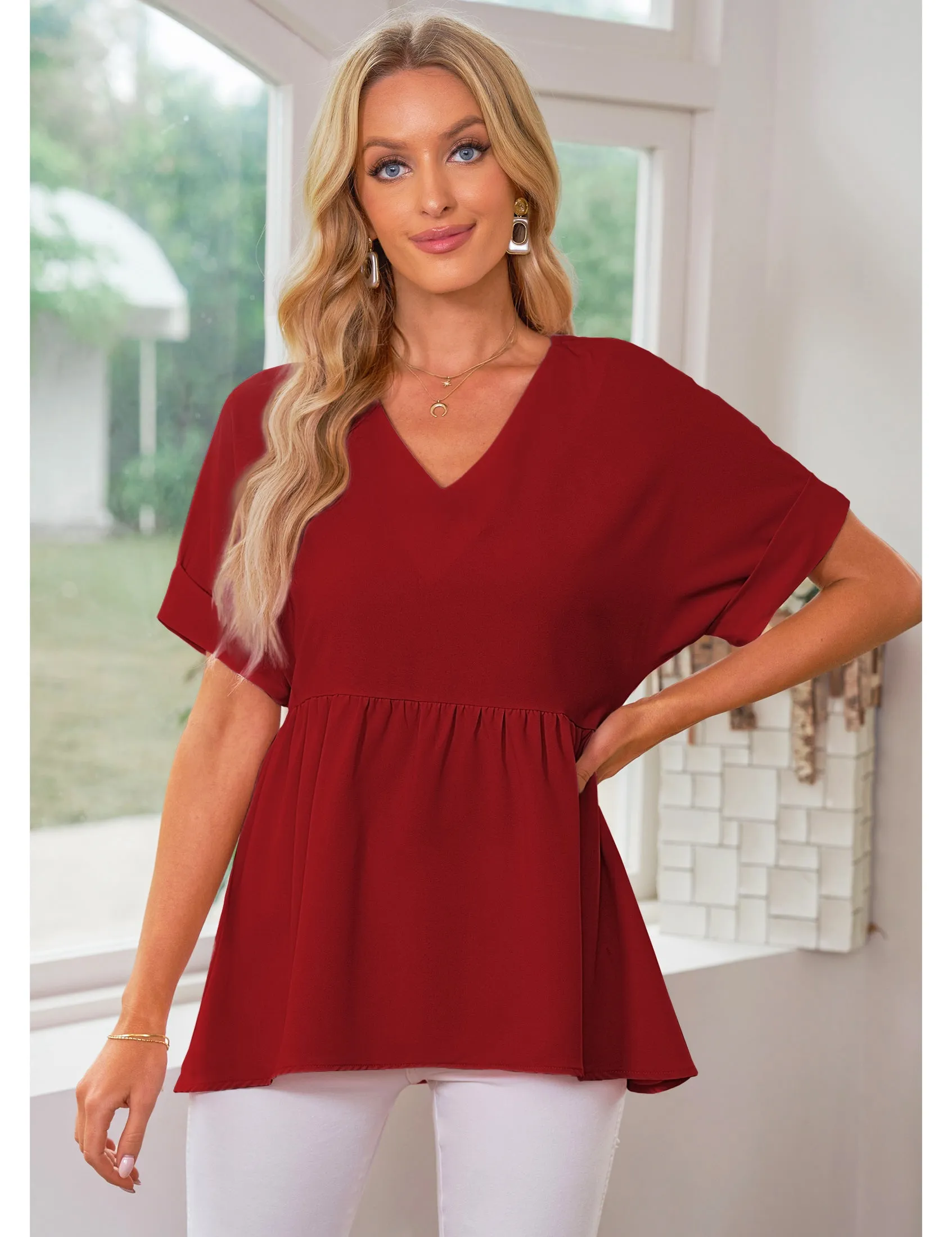 luvamia Blouses for Women Dressy Casual Babydoll Flowy Tops V Neck Tunic Tops Loose Fit Batwing Sleeves Summer