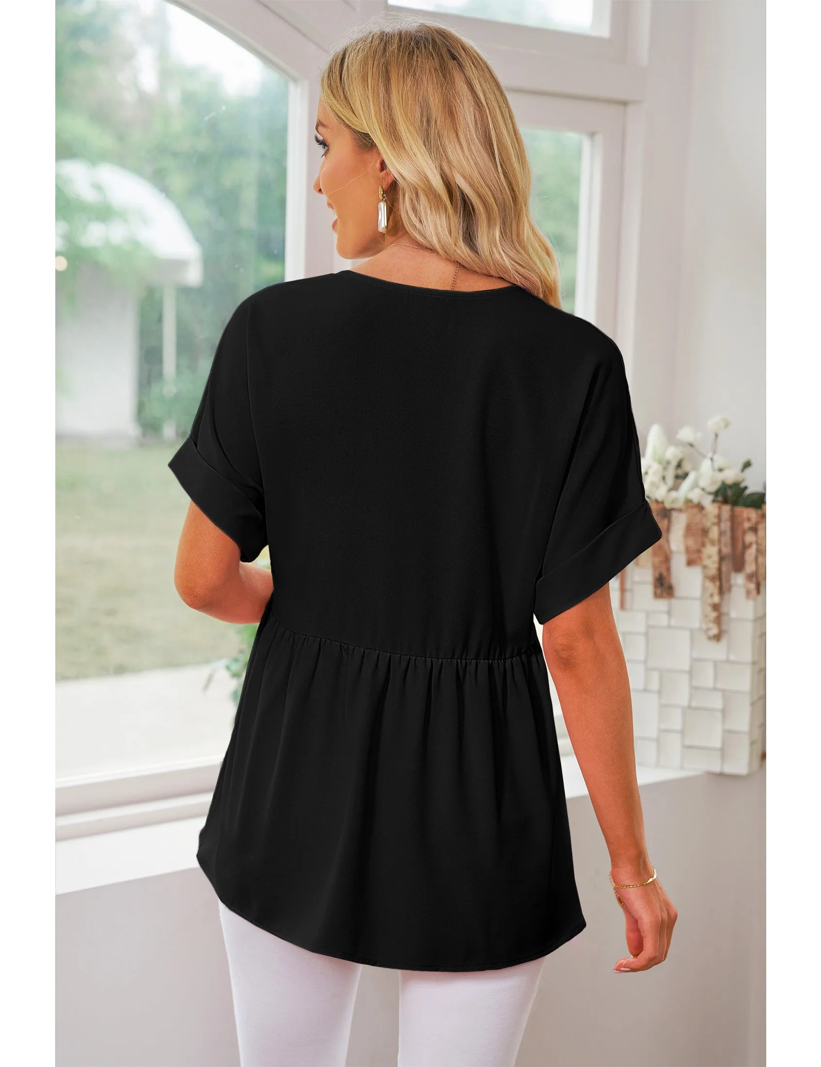 luvamia Blouses for Women Dressy Casual Babydoll Flowy Tops V Neck Tunic Tops Loose Fit Batwing Sleeves Summer