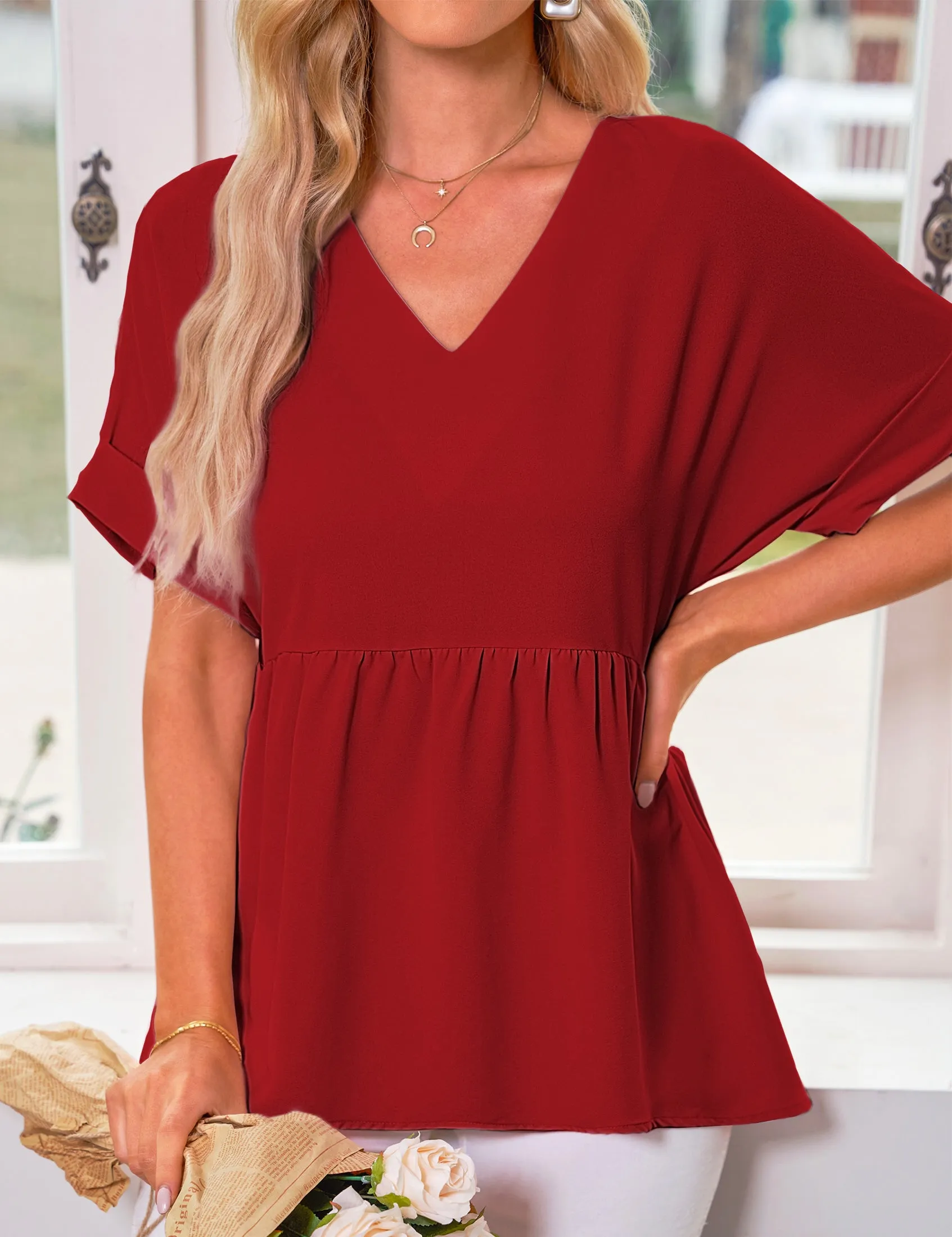 luvamia Blouses for Women Dressy Casual Babydoll Flowy Tops V Neck Tunic Tops Loose Fit Batwing Sleeves Summer