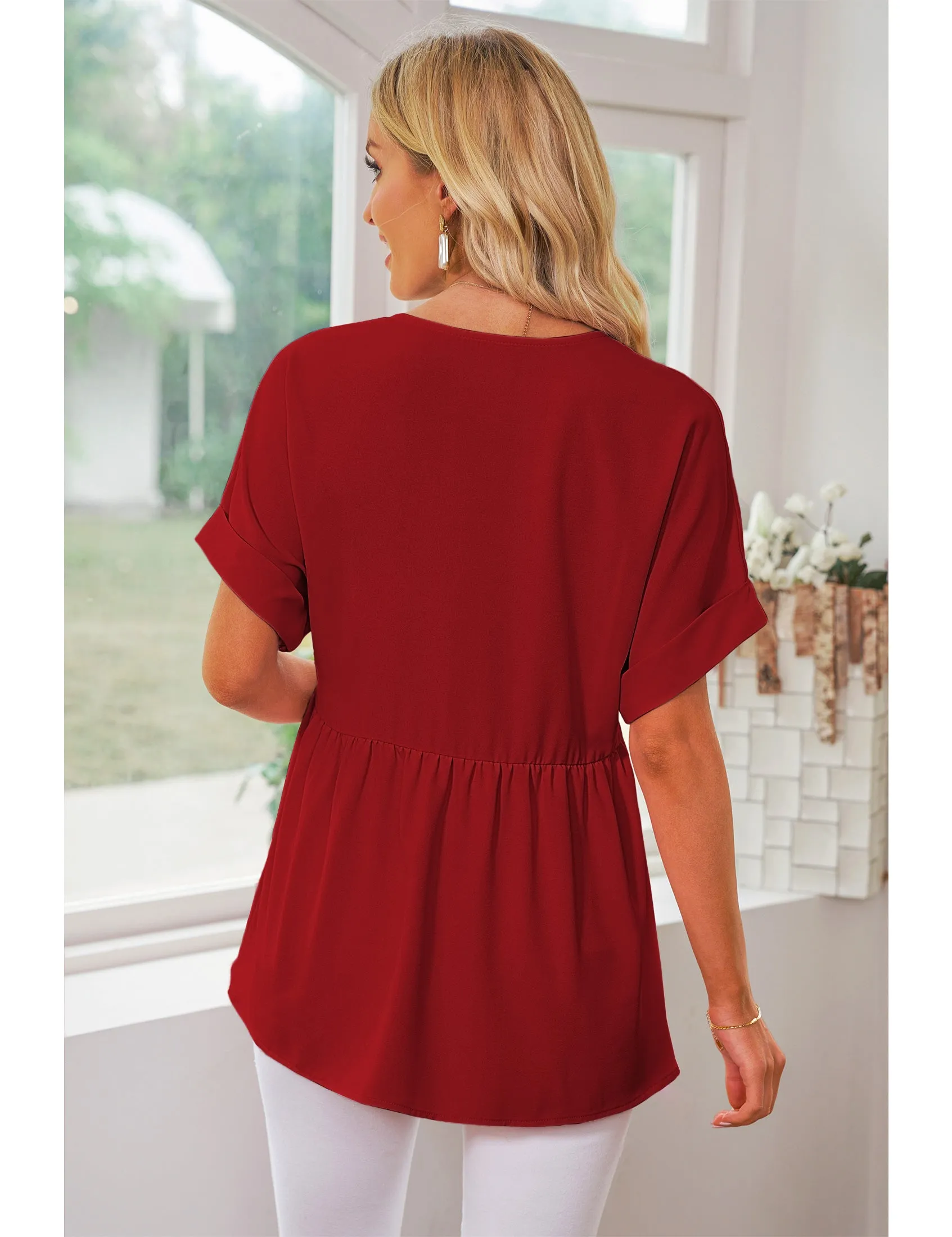 luvamia Blouses for Women Dressy Casual Babydoll Flowy Tops V Neck Tunic Tops Loose Fit Batwing Sleeves Summer
