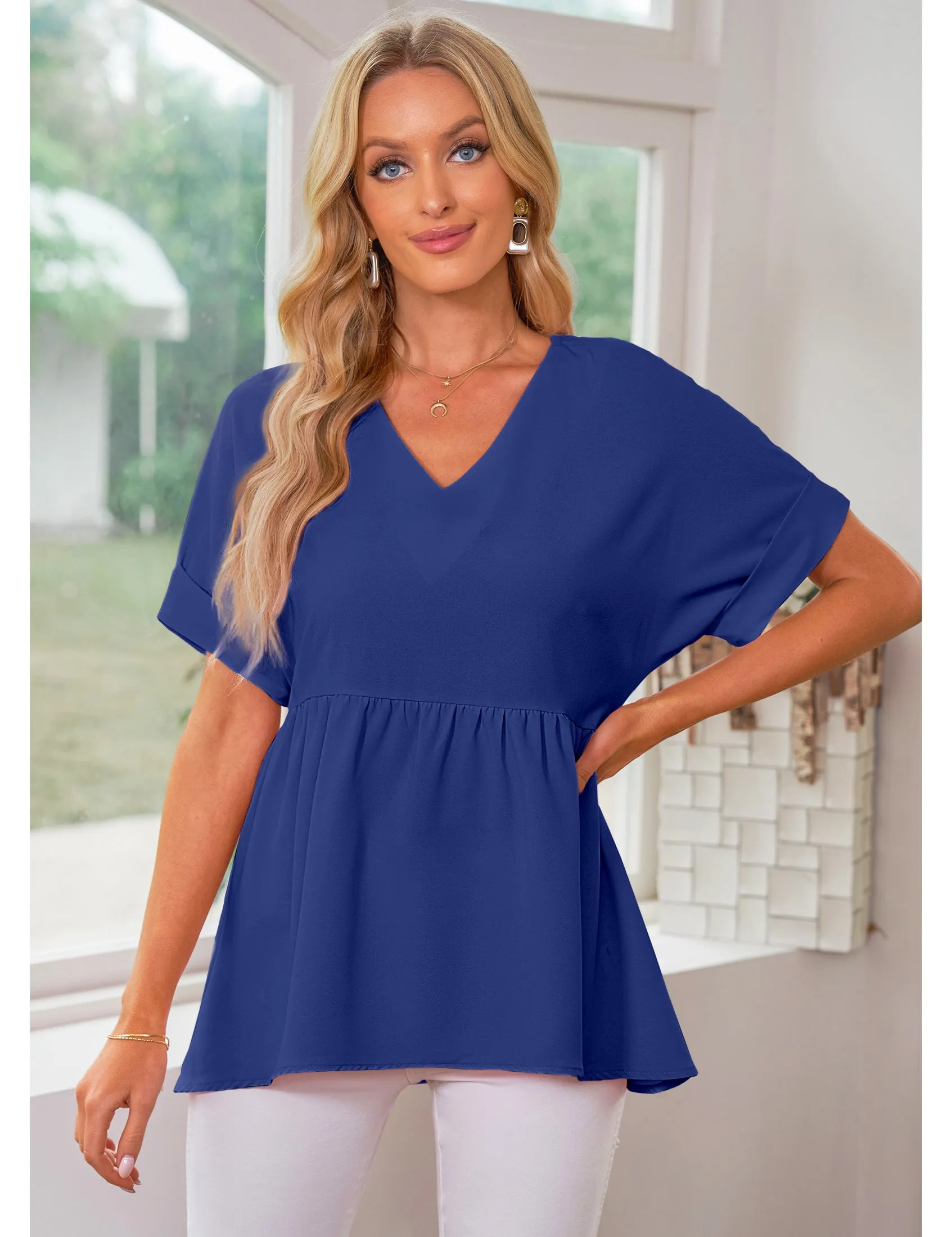 luvamia Blouses for Women Dressy Casual Babydoll Flowy Tops V Neck Tunic Tops Loose Fit Batwing Sleeves Summer