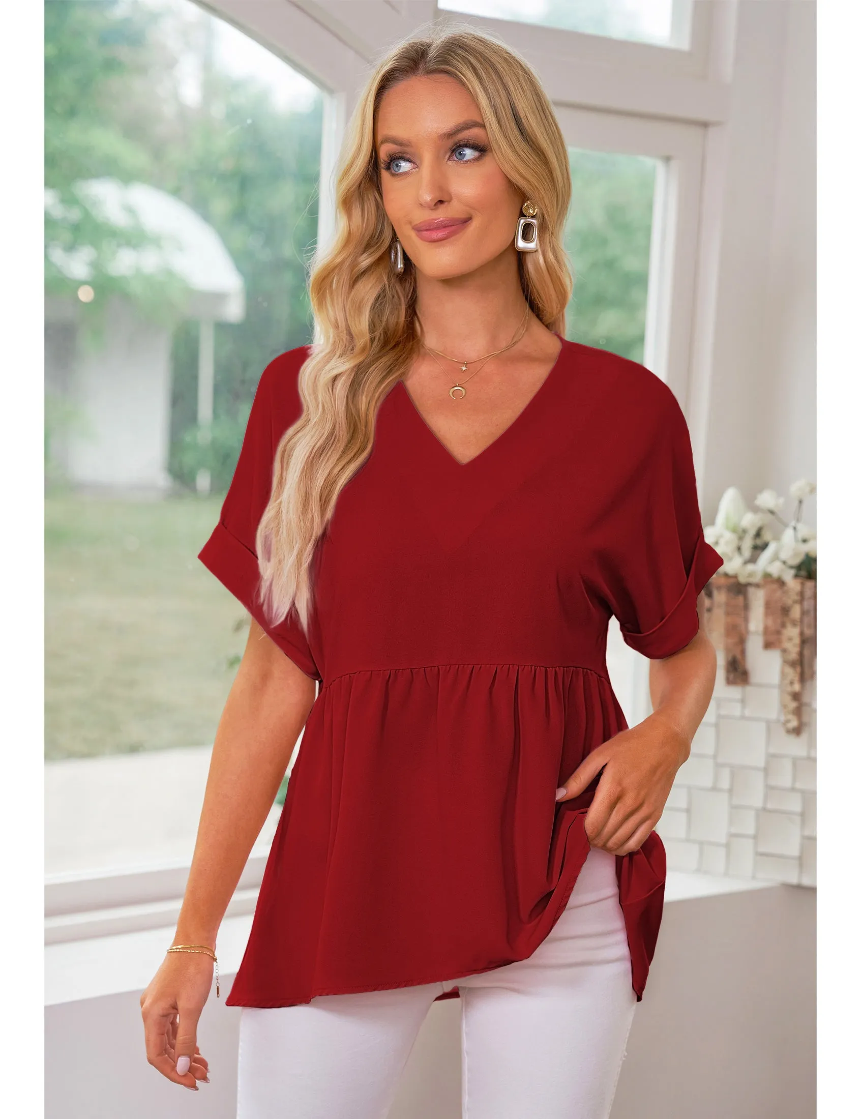 luvamia Blouses for Women Dressy Casual Babydoll Flowy Tops V Neck Tunic Tops Loose Fit Batwing Sleeves Summer