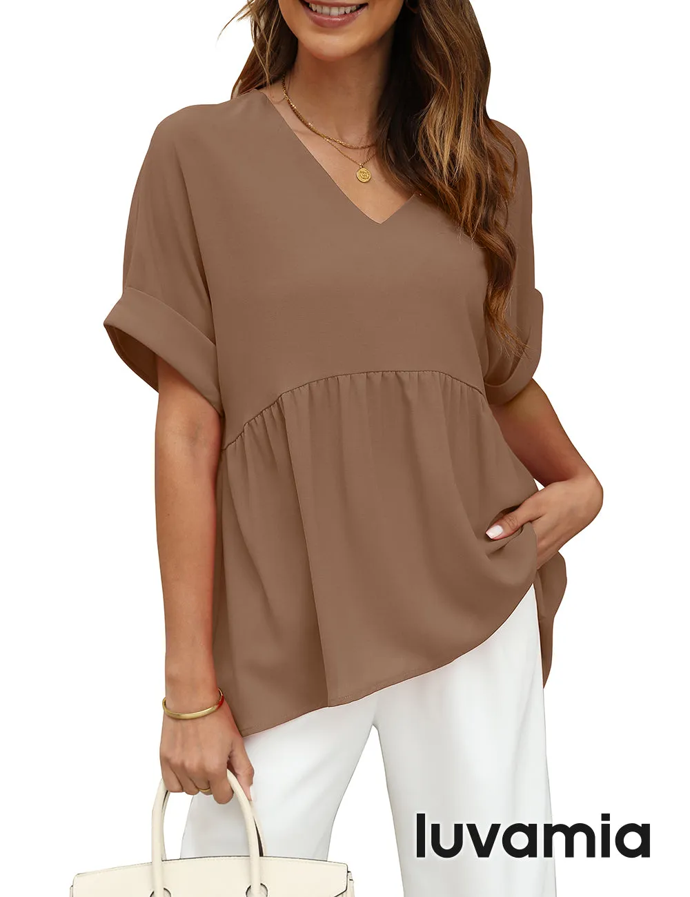 luvamia Blouses for Women Dressy Casual Babydoll Flowy Tops V Neck Tunic Tops Loose Fit Batwing Sleeves Summer