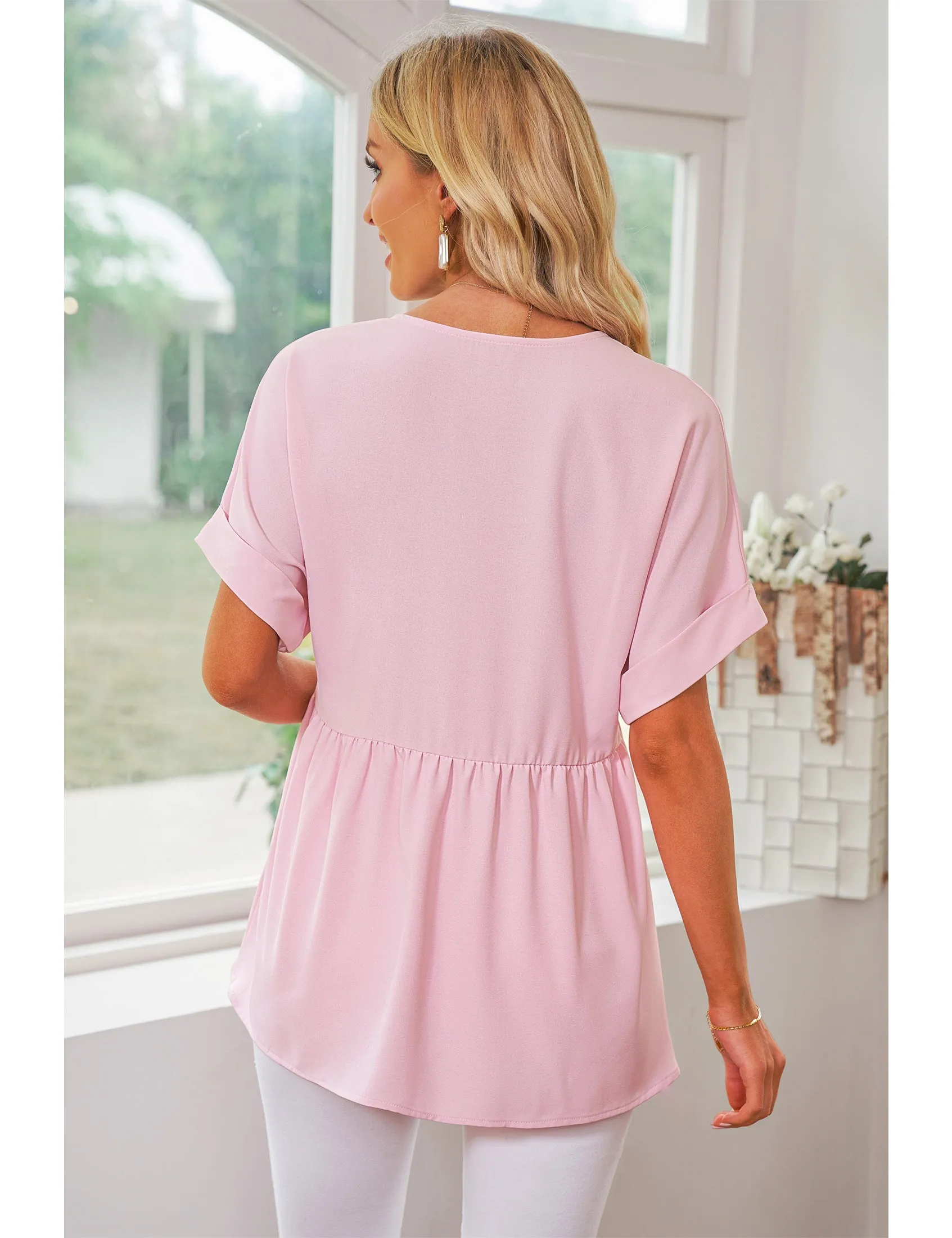 luvamia Blouses for Women Dressy Casual Babydoll Flowy Tops V Neck Tunic Tops Loose Fit Batwing Sleeves Summer