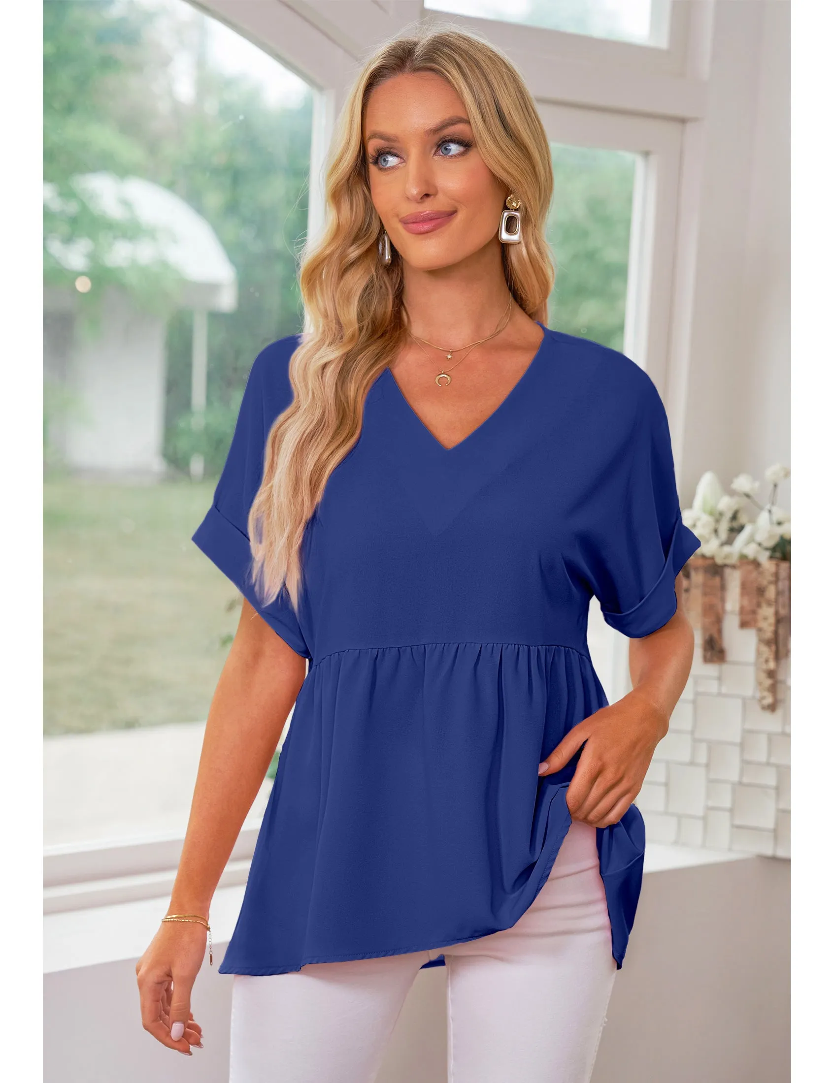 luvamia Blouses for Women Dressy Casual Babydoll Flowy Tops V Neck Tunic Tops Loose Fit Batwing Sleeves Summer