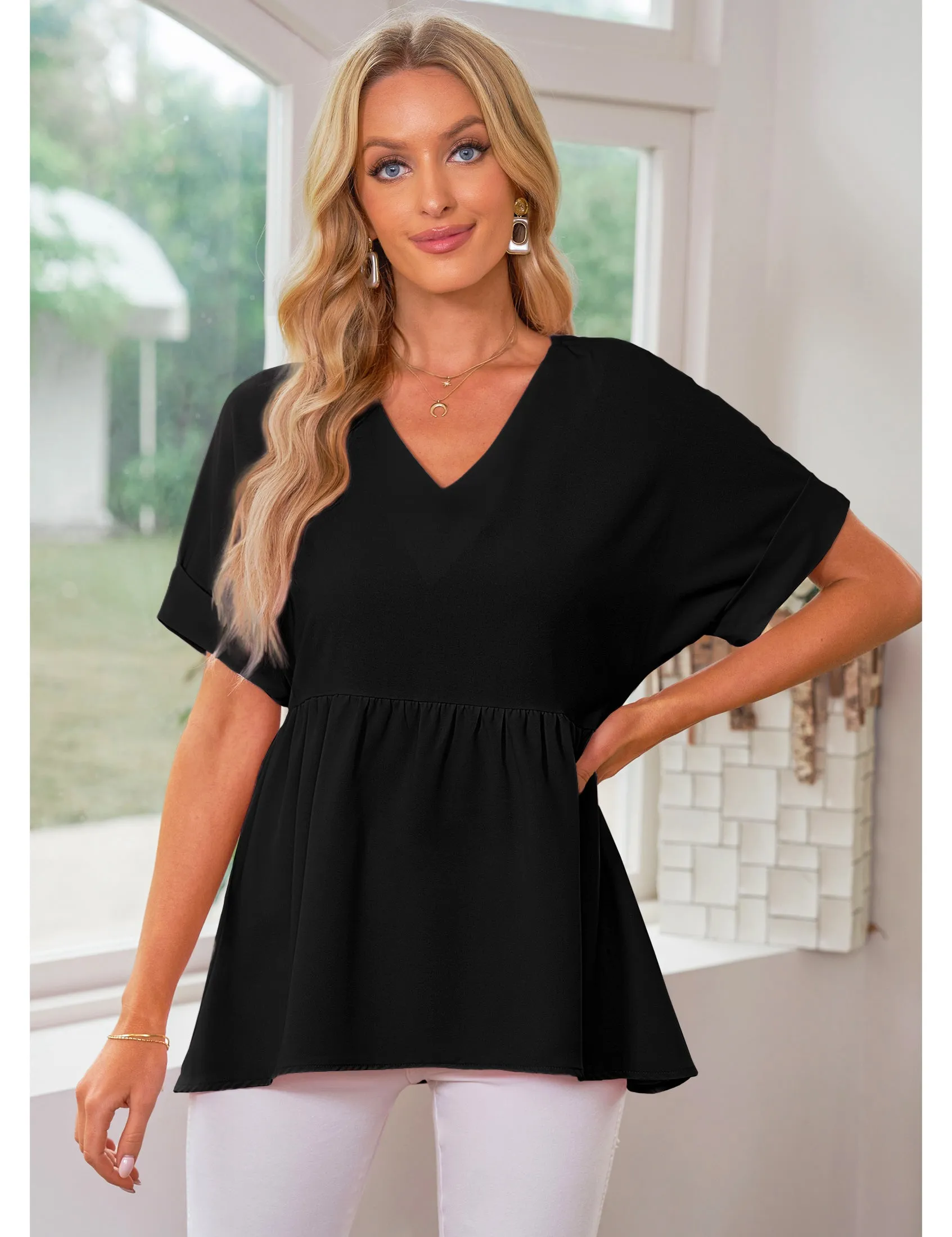 luvamia Blouses for Women Dressy Casual Babydoll Flowy Tops V Neck Tunic Tops Loose Fit Batwing Sleeves Summer