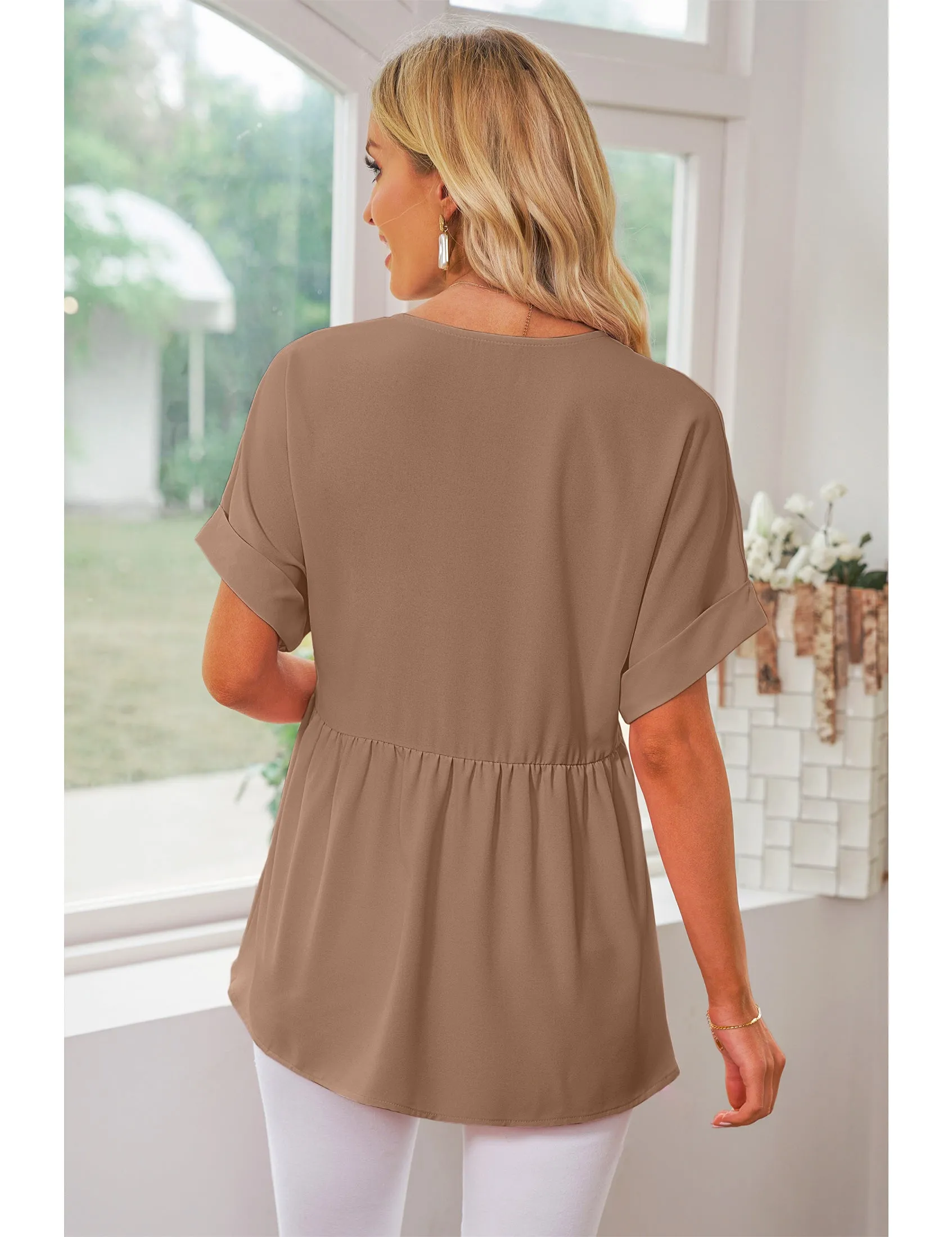 luvamia Blouses for Women Dressy Casual Babydoll Flowy Tops V Neck Tunic Tops Loose Fit Batwing Sleeves Summer