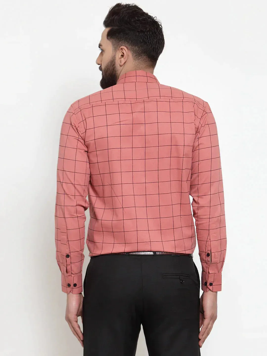 Men's Peach Cotton Checked Formal Shirts - Taantav