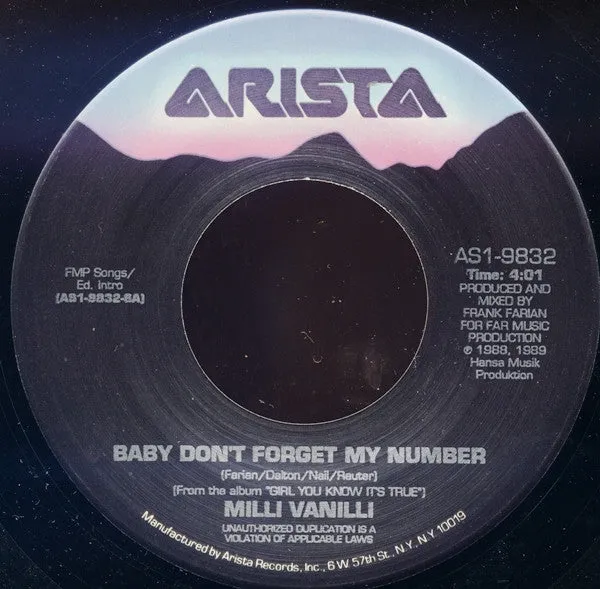 Milli Vanilli - Baby Don't Forget My Number (7", Single) (VG )