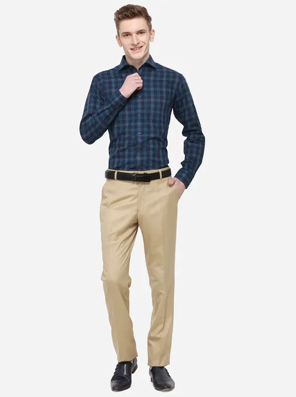 Navy Blue & Green Checked Slim Fit Formal Shirt | JadeBlue