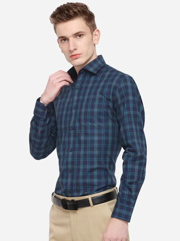 Navy Blue & Green Checked Slim Fit Formal Shirt | JadeBlue