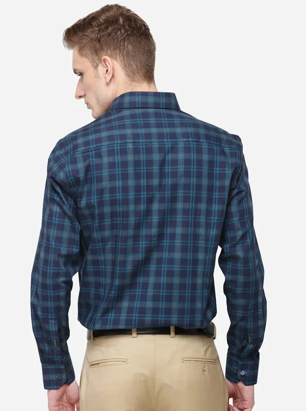 Navy Blue & Green Checked Slim Fit Formal Shirt | JadeBlue