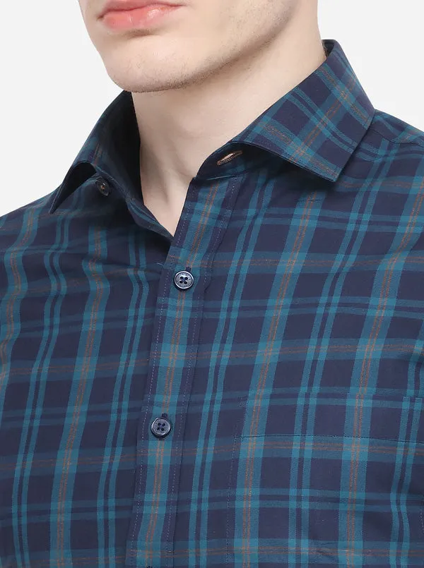 Navy Blue & Green Checked Slim Fit Formal Shirt | JadeBlue