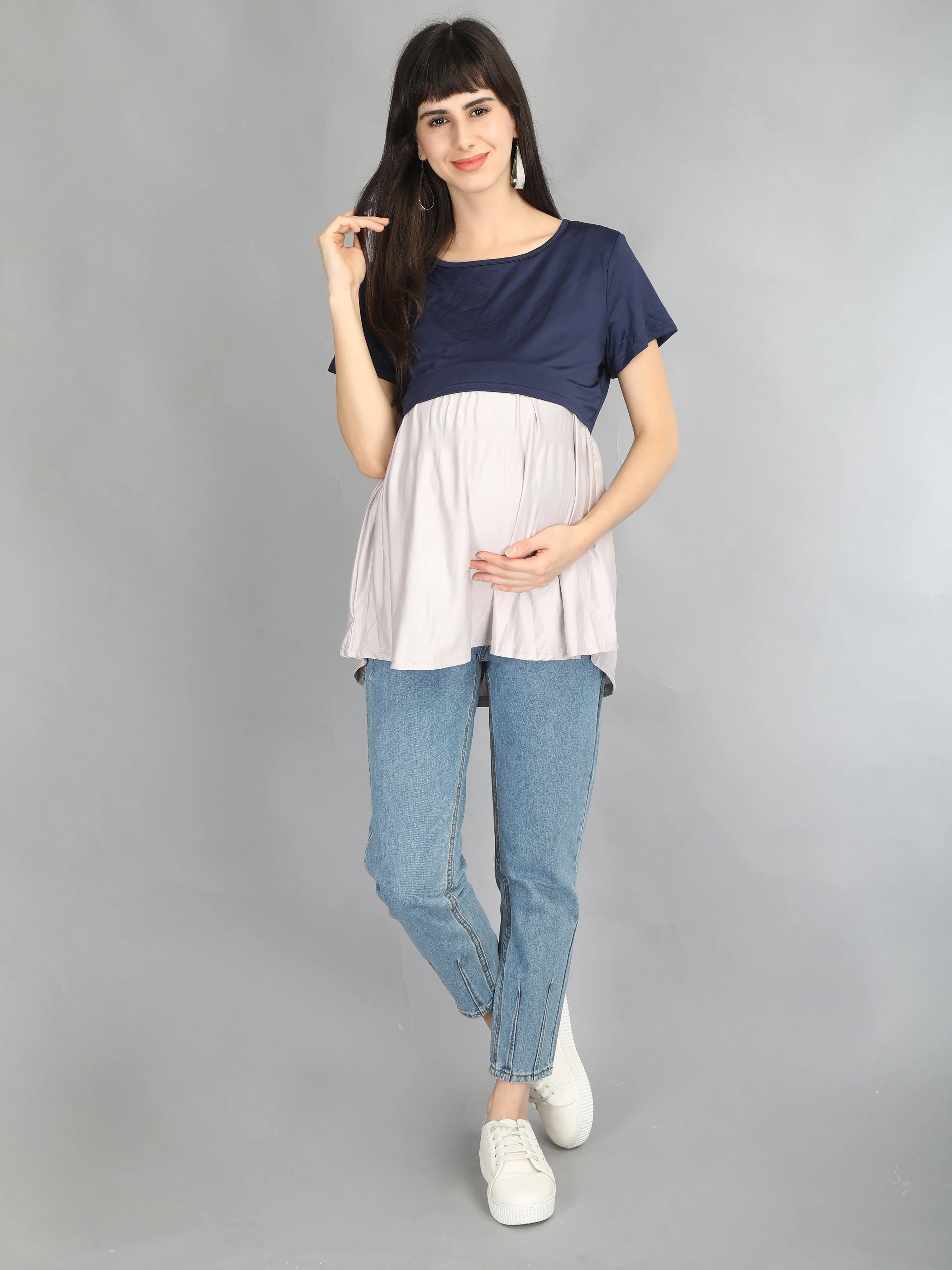 Navy Blue Empire Casual Maternity and Nursing Wear Top