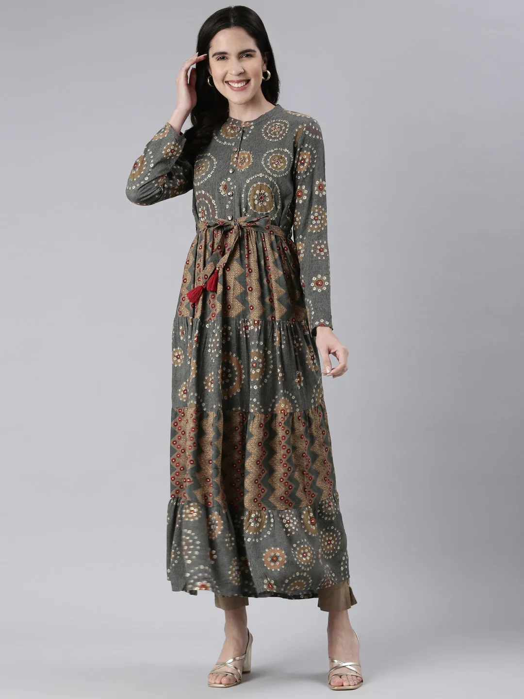 Neeru's Grey Maxi Casual Printed Dresses