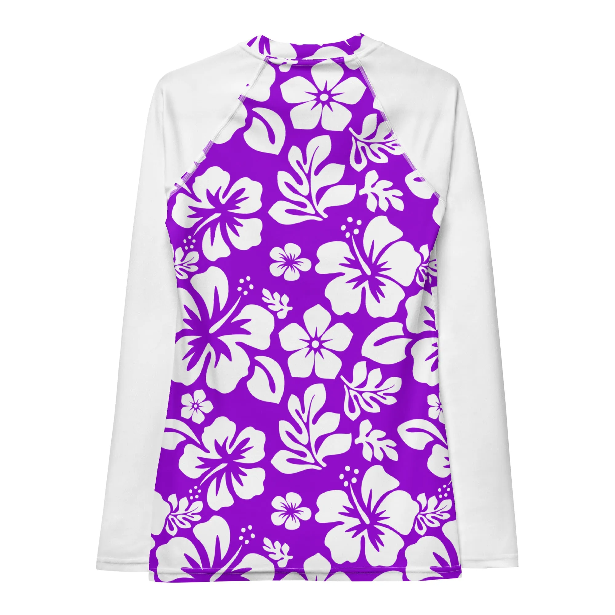 Purple and White Hawaiian Print Women's Rash Guard with White Sleeves