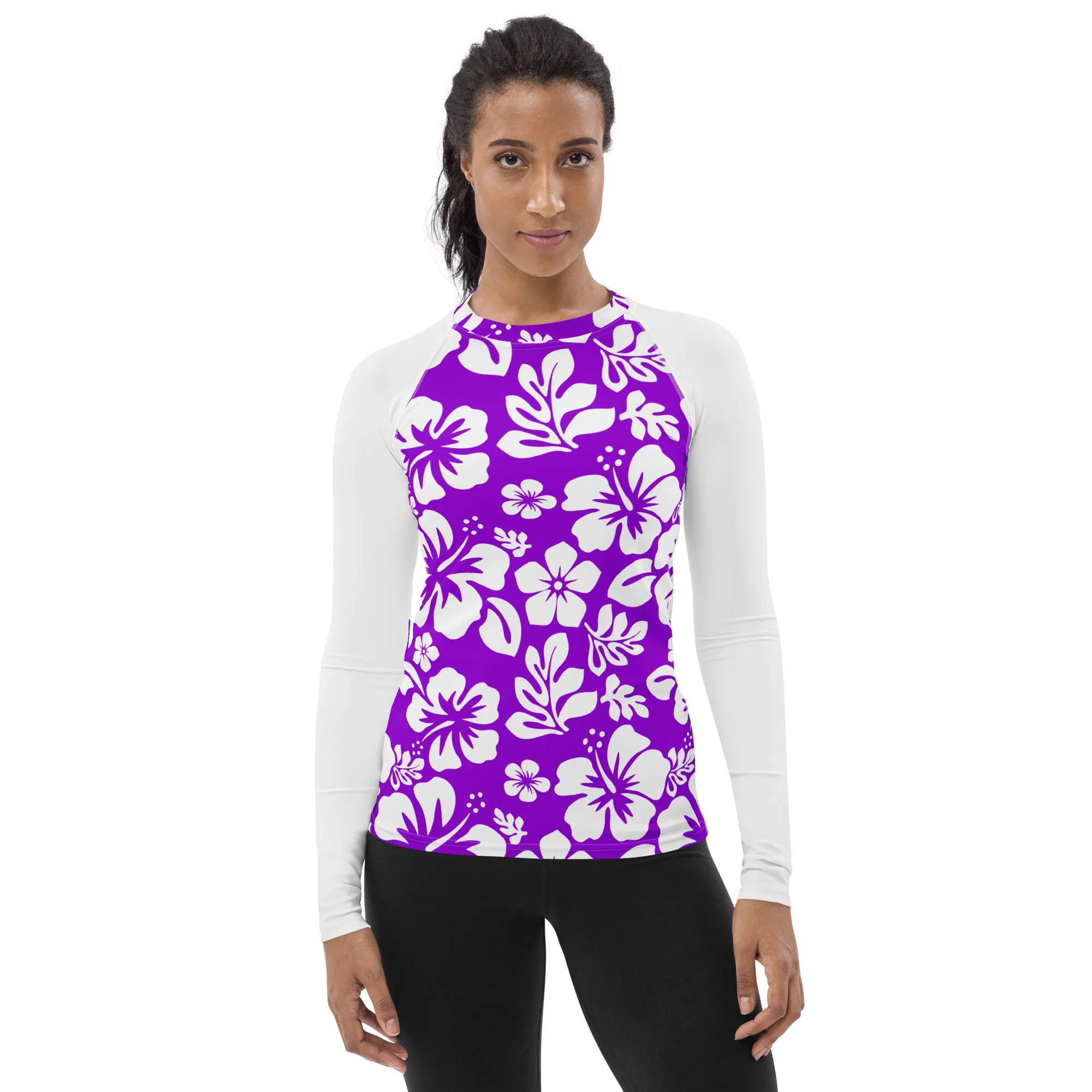 Purple and White Hawaiian Print Women's Rash Guard with White Sleeves