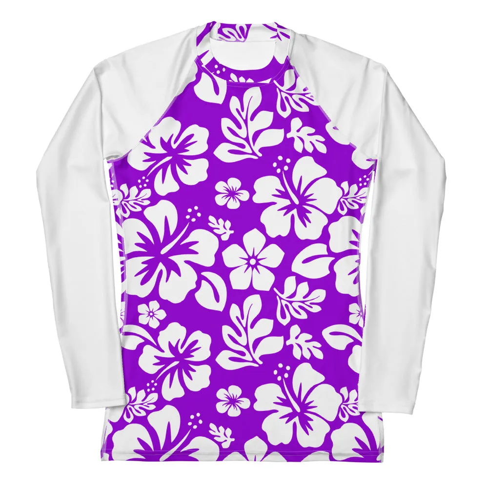 Purple and White Hawaiian Print Women's Rash Guard with White Sleeves