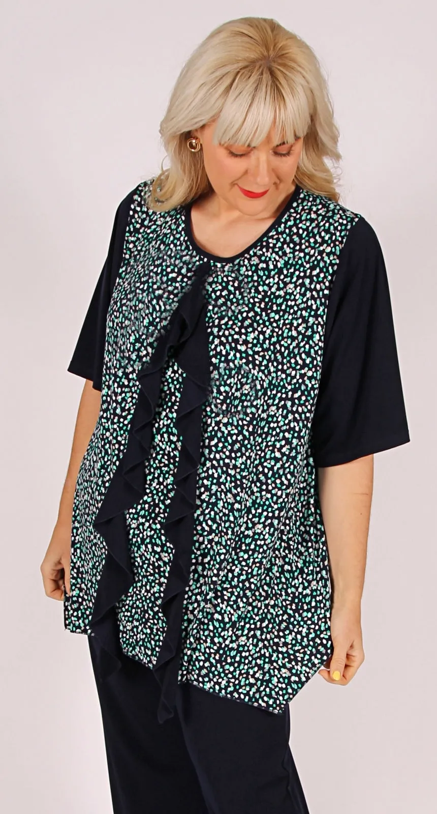 Ruffle Front Swing Style Top Dotti on Navy