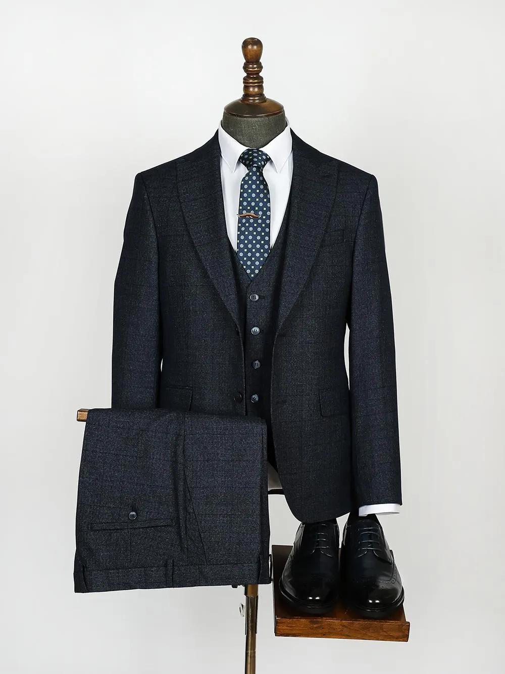 Three Pieces Of Navy Black Stripes Bespoke Men Suit Tailored