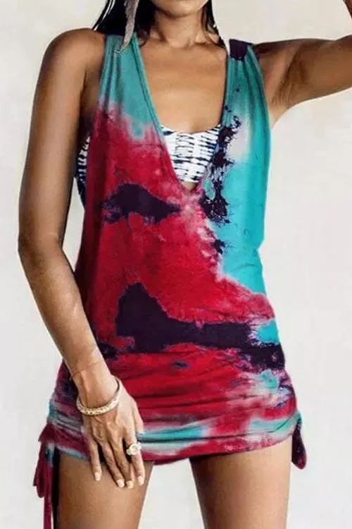 Tie Dye V Neck Drawstring Cover Mini Dress