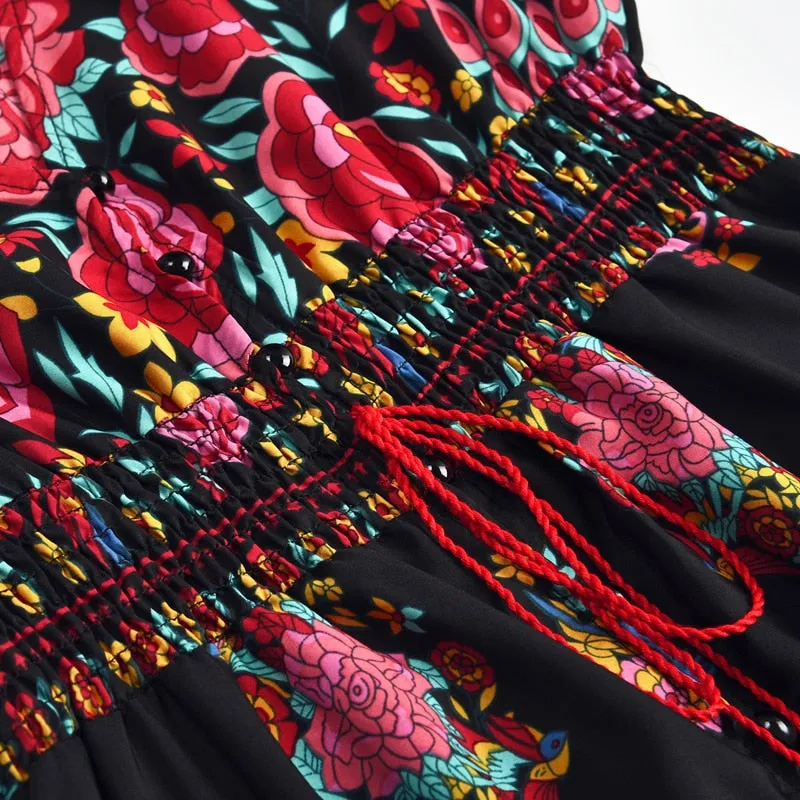 Vintage Sexy Ladies' V-neck Floral Print Boho Maxi Dresses For Beach
