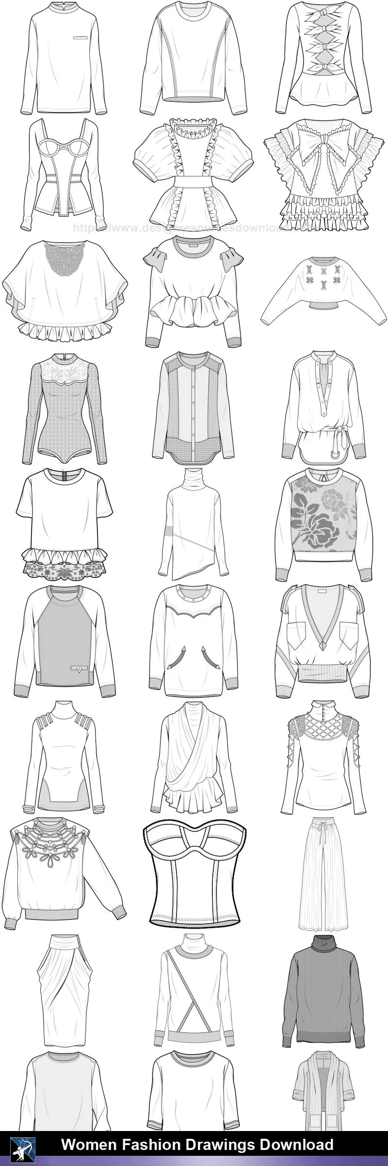 ★Women Fashion Drawings Download  V.2-Women Dresses,Tops,Skirts,Shoes Design Drawings