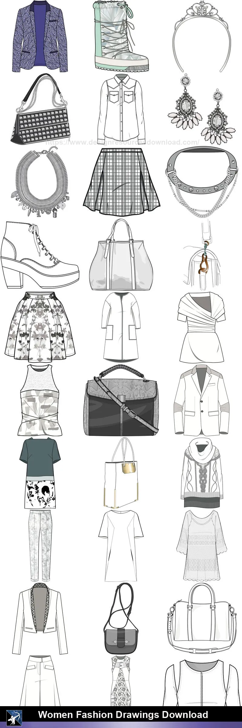★Women Fashion Drawings Download  V.2-Women Dresses,Tops,Skirts,Shoes Design Drawings