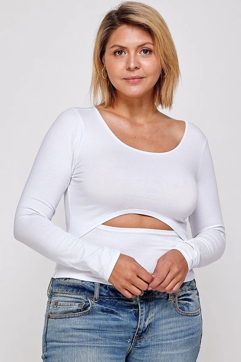 Women's Plus Solid Round Neck Top, With Long Sleeves, And Cut-out Detail