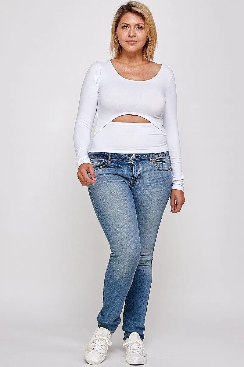 Women's Plus Solid Round Neck Top, With Long Sleeves, And Cut-out Detail