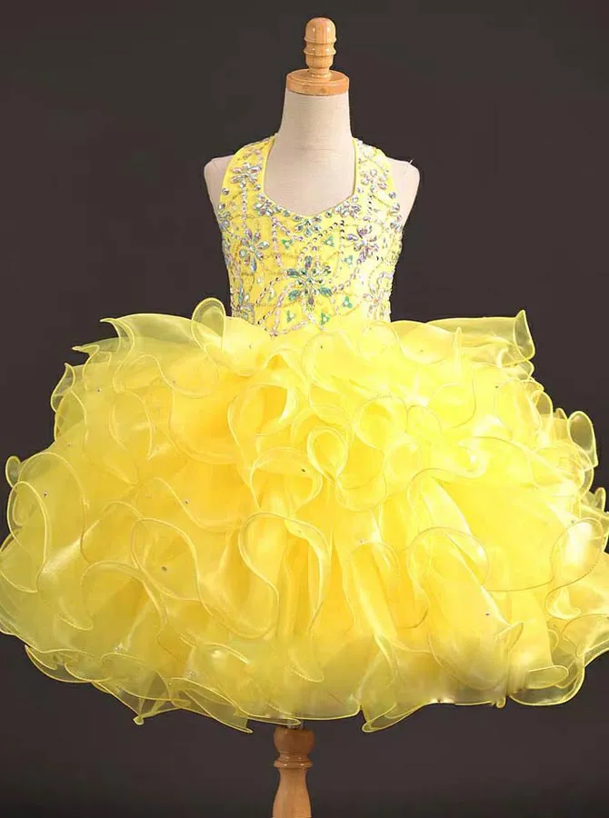 Yellow Halter Little Girls Cocktail Dresses,Organza Cupcake Pageant Dress,GPD0043